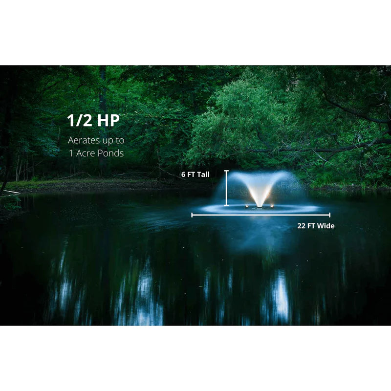 Your Pond Pros | Image of the Scott Aerator DA-20 Display Aerator showing height and width of spray using 1/2 HP motor