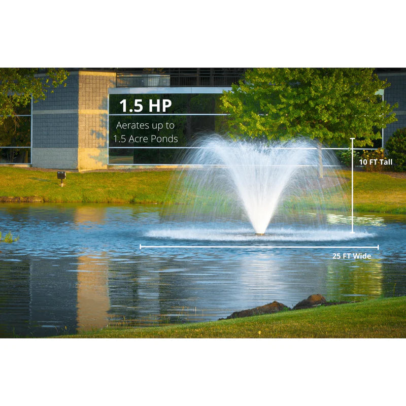 Your Pond Pros | Image of the Scott Aerator DA-20 Display Aerator showing height and width of spray using 1.5 HP motor