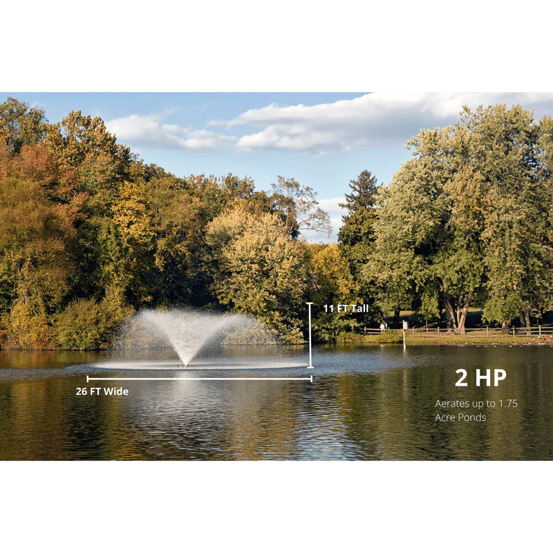 Your Pond Pros | Image of the Scott Aerator DA-20 Display Aerator showing height and width of spray using 2 HP motor