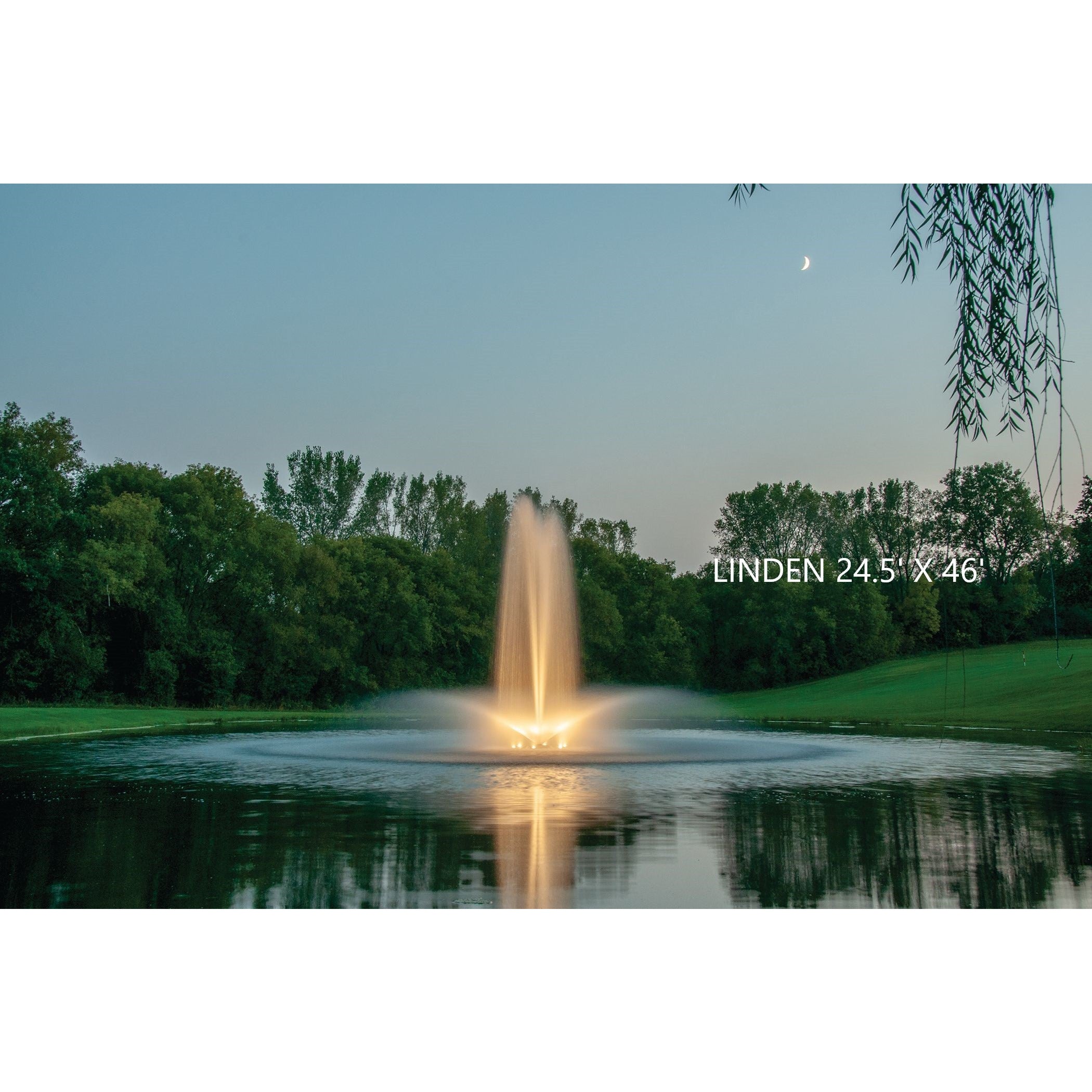 Your Pond Pros | Kasco J Series 5 HP Floating Fountain Linden Pattern with white lights on in Pond