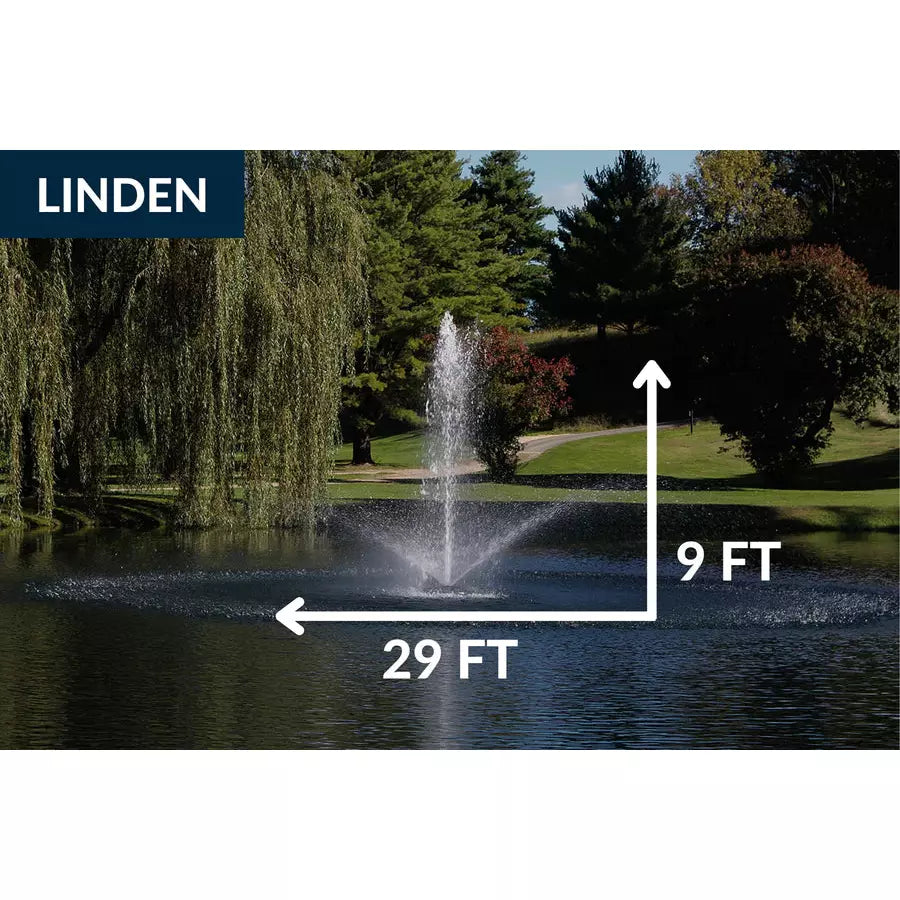 Kasco J Series Pond Fountain 3/4 HP with Linden spray pattern operating in Pond and showing height and width of spray pattern | Your Pond Pros