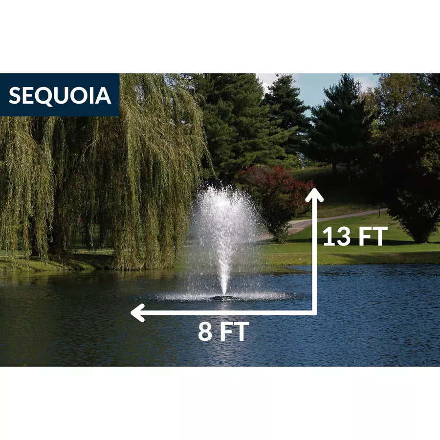 Kasco J Series Pond Fountain 3/4 HP with Sequoia spray pattern operating in Pond and showing height and width of spray pattern | Your Pond Pros