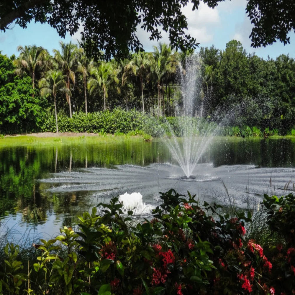 View form pond bank of fountain in pond using Bearon Aquatics Athena Nozzle | Your Pond Pros