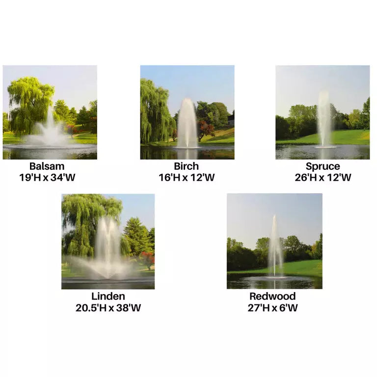 One sheet with images and spray dimensions of all 5 Kasco J Series 3 HP Fountain heads | Your Pond Pros