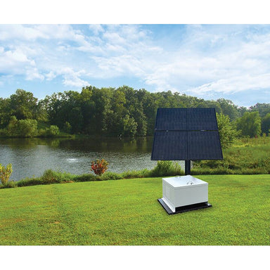 EasyPro NA2W NightAir™ Solar Aeration System on pond bank with cabinet and solar panels | Your Pond Pros