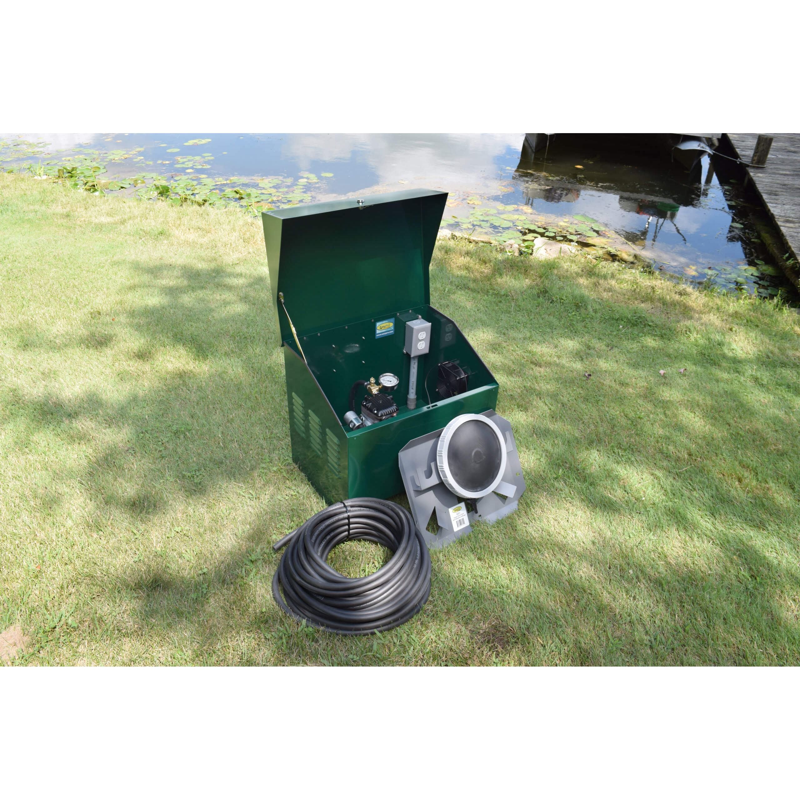 Your Pond Pros | EasyPro PA34D Sentinel Deluxe Aeration System – Complete PA34W system with cabinet sitting on bank of pond