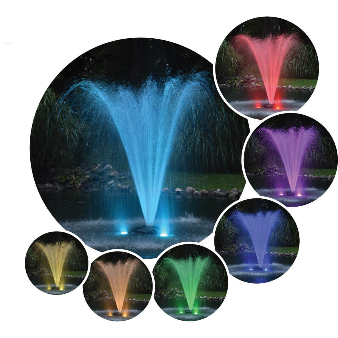 Seven images of fountains in different colors using the RGB2-100 AquaShine Two Light Color Changing LED Fountain Light Kits | Your Pond Pros