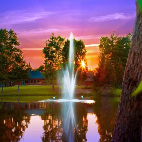Fountain in pond with lights using the Scott Aerator Atriarch Nozzle | Your Pond Pros