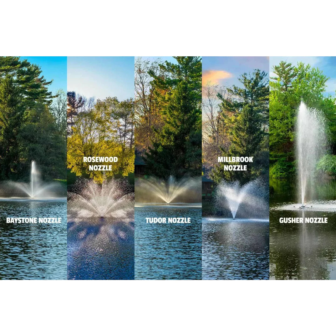 Your Pond Pros | Images of the Scott Aerator The Great Lakes Fountain in use in pond with each available  Nozzel