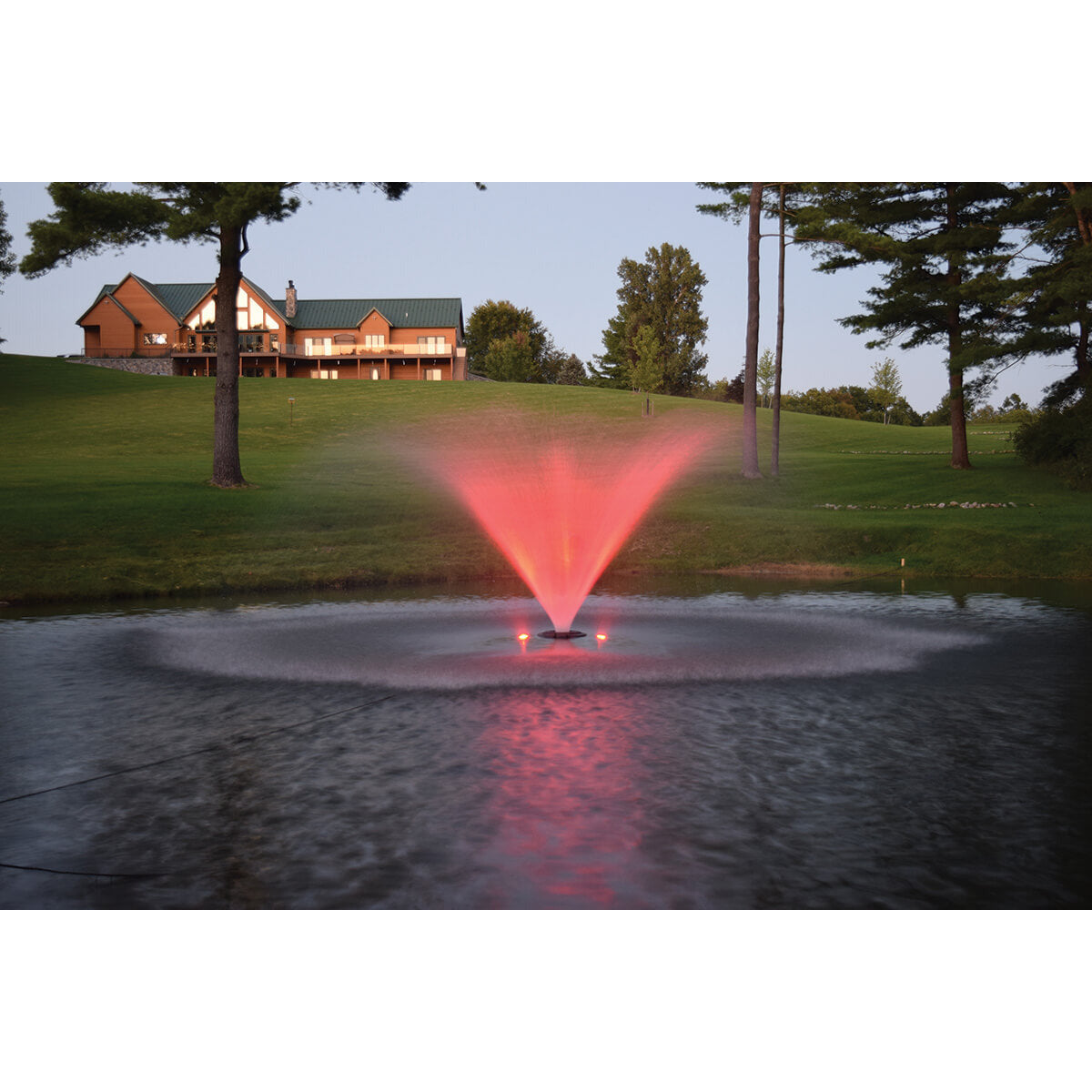 Fountain with red lights using RGB2-100 AquaShine Two Light Color Changing LED Fountain Light Kits | Your Pond Pros