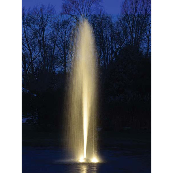 Your Pond Pros | Image of the EasyPro Aqua Fountain in use in pond lit up at night with wide rocket nozzle